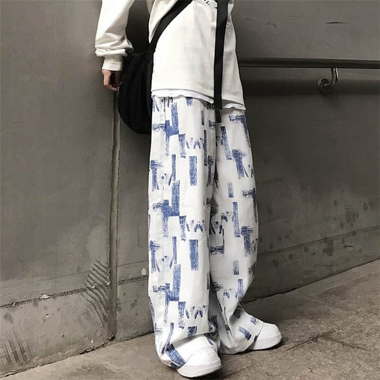 M-2XL Women Casual Contrast Printed Wide-leg Pants