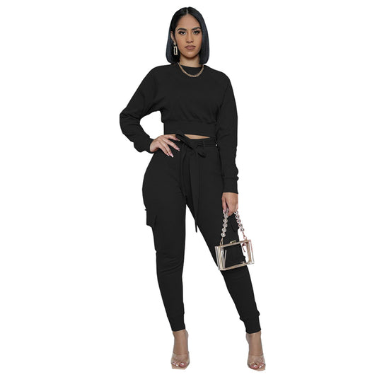 S-2XL Women Casual Solid Color Drawstring Sweatshirt And Sweatpants Two Pieces Set