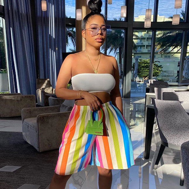 S-3XL Women Fashion Rainbow Color Striped Casual Shorts