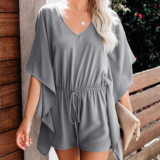 S-3XL Women Casual V-neck High Waist Solid Color Ruffled Rompers