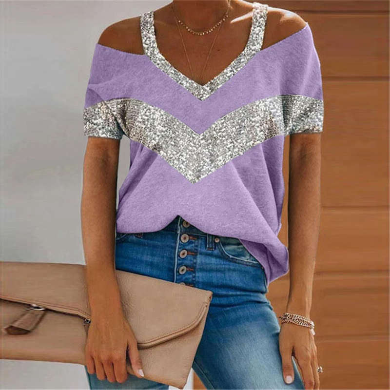 Camiseta informal de manga corta con diseño de patchwork y bloques de color para mujer tallas S-5XL