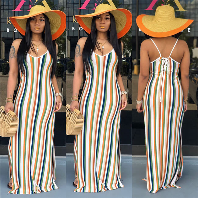 Vestido informal de vacaciones con estampado de rayas y espalda descubierta con abertura lateral para mujer tallas S-XL