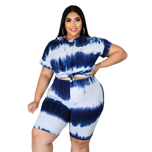 XL-4XL Women Casual Tie Dye Short Sleeve Hooded Top And Shorts Set