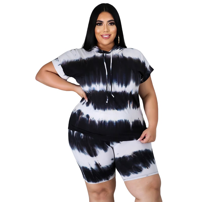 XL-4XL Women Casual Tie Dye Short Sleeve Hooded Top And Shorts Set
