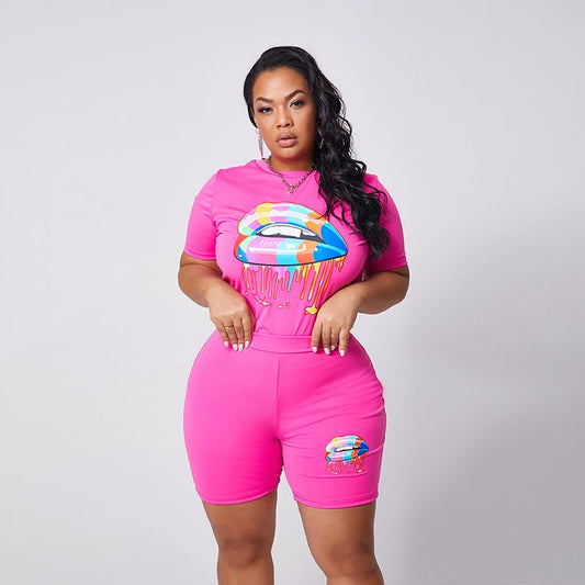 Conjunto de dos piezas de top y pantalones cortos con estampado de labios para mujer, tallas XL-4XL