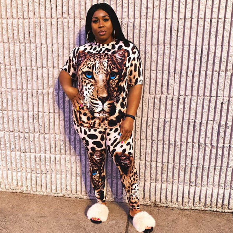 Conjunto de dos piezas de top y pantalón de manga corta con estampado de leopardo para mujer, tallas XL-4XL
