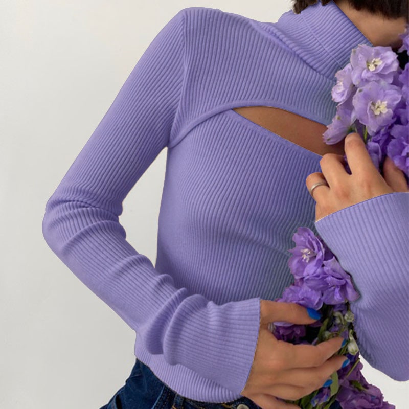 S-L Women Casual Solid Color Turtle Neck Cut Out Knitwear