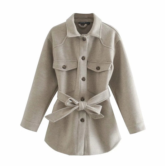 Abrigo informal de manga larga con solapa y faja para mujer, talla XS-L