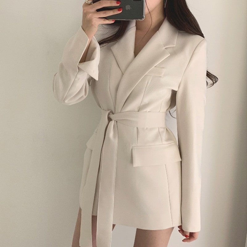 Blazer informal con solapa y faja de color liso para mujer tallas S-2XL