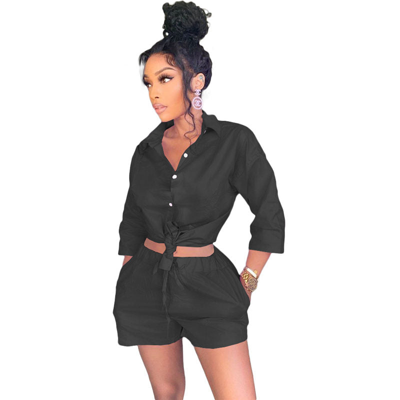 Conjunto de dos piezas informal de top y pantalones cortos de un solo pecho de color liso para mujer tallas S-XL
