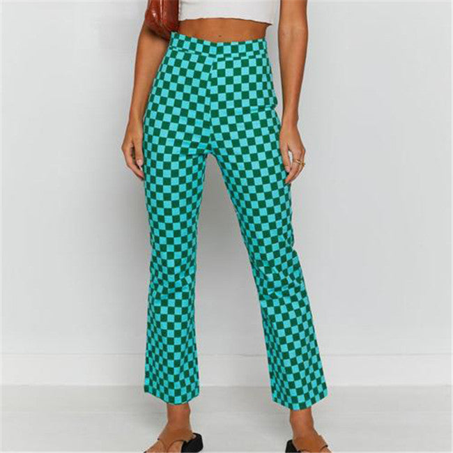 S-XL Women Casual Plaid Printing Straight Pants