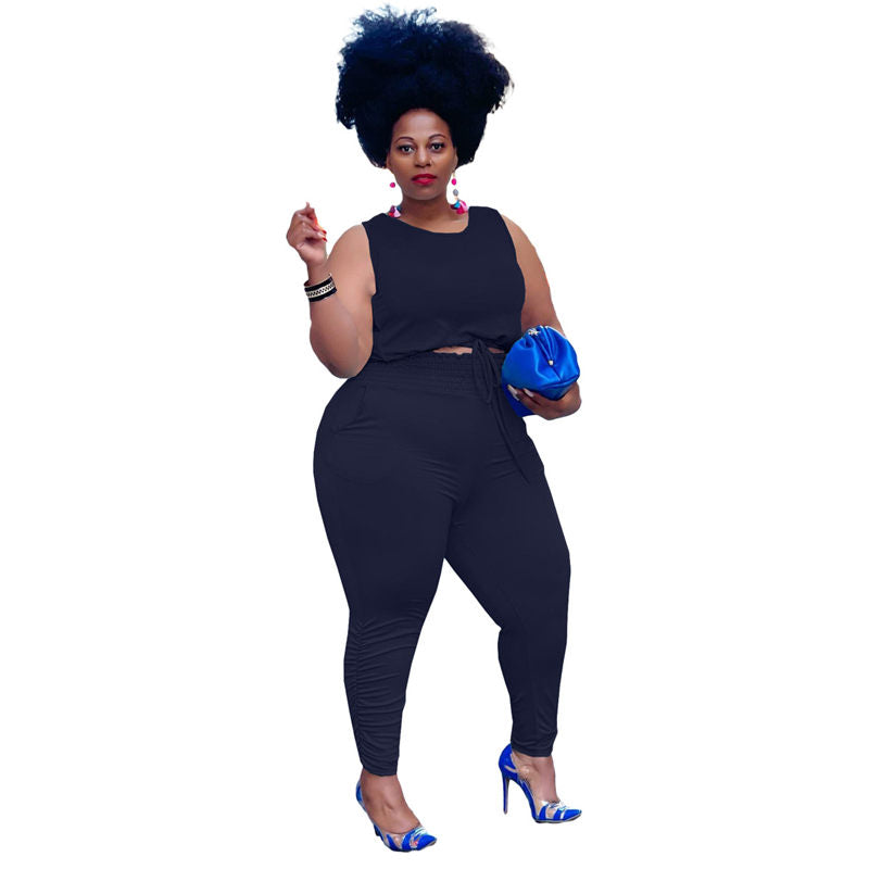 Conjunto de dos piezas de camiseta sin mangas y pantalón de color liso, informal, talla grande, para mujer, talla L-5XL