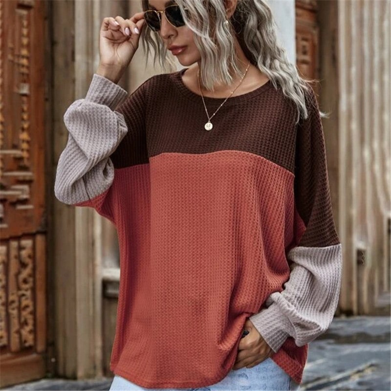 S-2XL Women Casual Color Blocking Long Sleeve Top