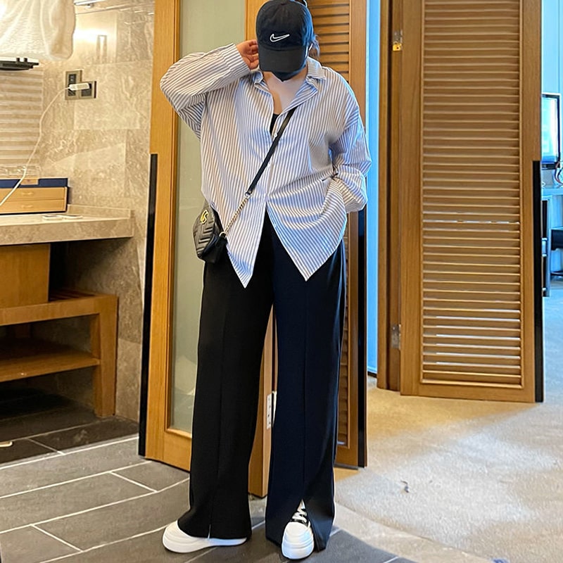 Pantalones casuales de pierna ancha con abertura lateral de color sólido para mujer, tallas L-6XL