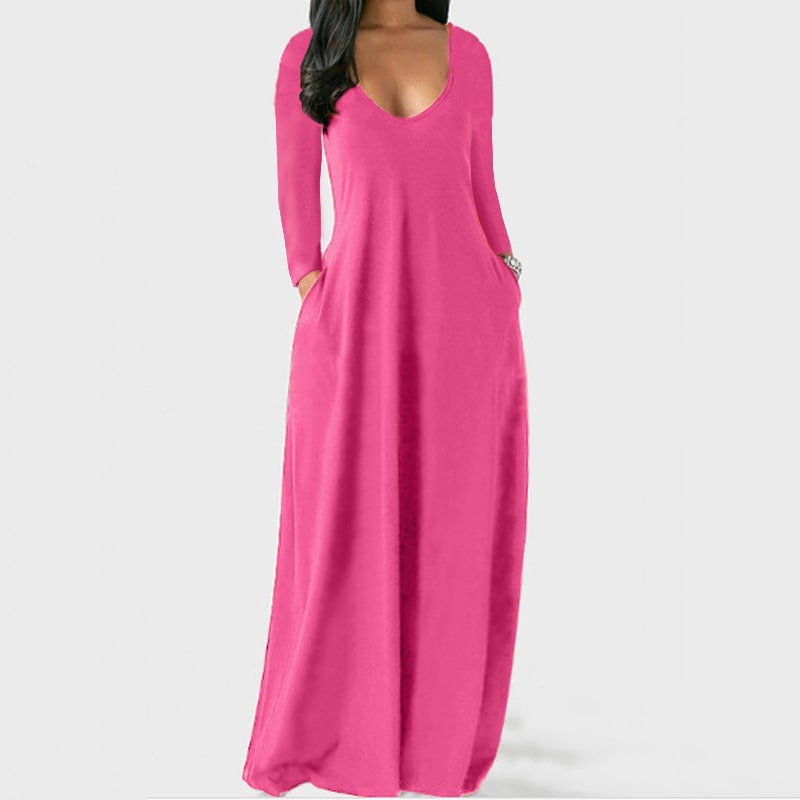 S-5XL Women Casual Solid Color V Neck Maxi Dress
