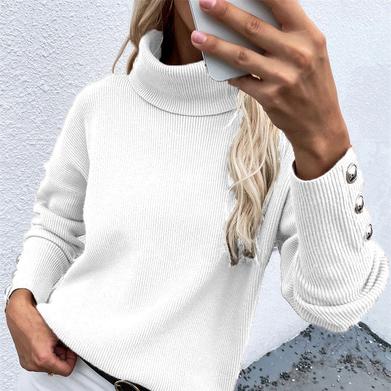 S-2XL Women Casual Solid Color Button Design Turtle Neck Knitwear