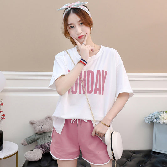 S-3XL Women Casual Letter Printed T-shirt And Drawstring Waist Shorts Two Piece Set
