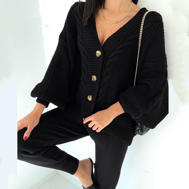 Conjunto de dos piezas de cárdigan y pantalón de punto informal de botonadura sencilla para mujer tallas S-3XL