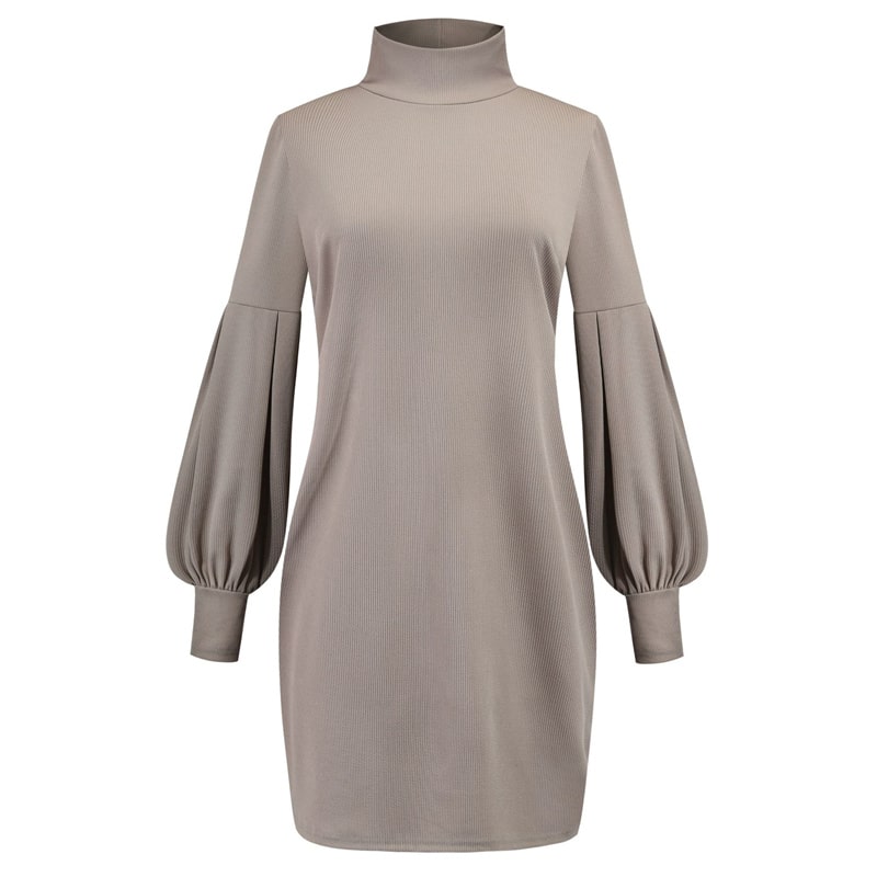 Vestido informal de mujer, tallas S-3XL, de color liso, con mangas largas tipo farol y cuello alto, tejido acanalado, para invierno y otoño