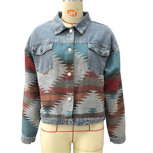 Chaqueta vaquera holgada informal de estilo bohemio vintage con diseño geométrico de retazos para mujer de SL
