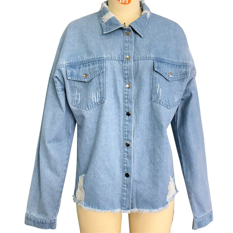Chaqueta vaquera holgada informal con dobladillo sin rematar, con rotos y diseño creativo para mujer tallas S-XL