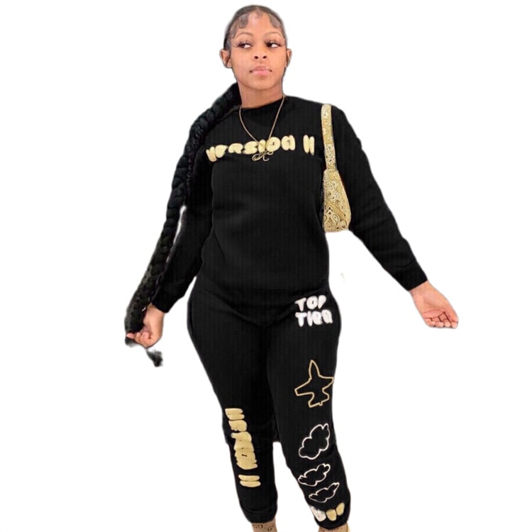 Conjunto de dos piezas de top y pantalón con cuello redondo y estampado de letras para mujer, tallas S-2XL