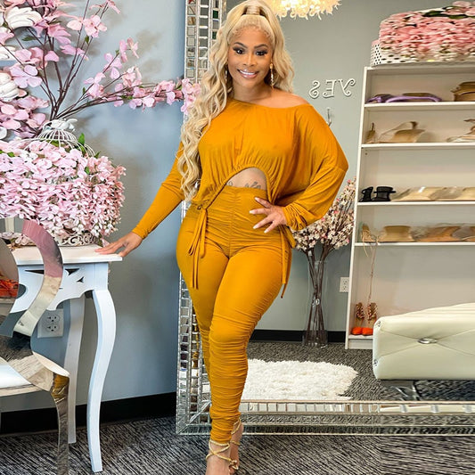 Women Casual Basic Athleisure Long Sleeve Drawstring Crease Solid Color Crop Top And Pants Two-piece Set