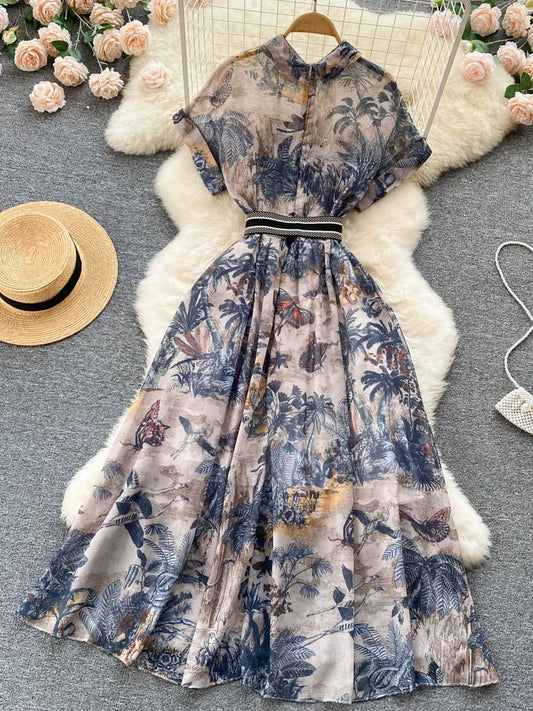 Women Vintage Party Dress Summer French Elegant Print Dress Ladies High Waist Retro Single Breasted Belt Casual Long Dress