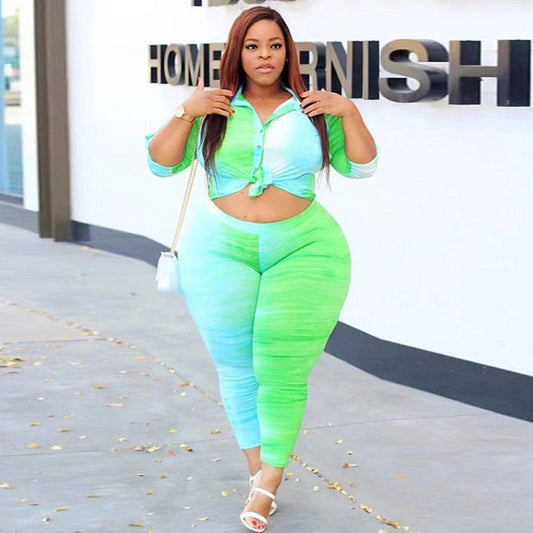 Conjunto de top y pantalón ajustado con solapa de una sola hilera y bloques de color para mujer, talla grande