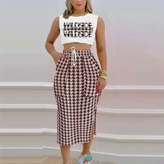 Women Fashion Casual Sleeveless Crop Tank Top And Side-slit Bodycon Skirt Set