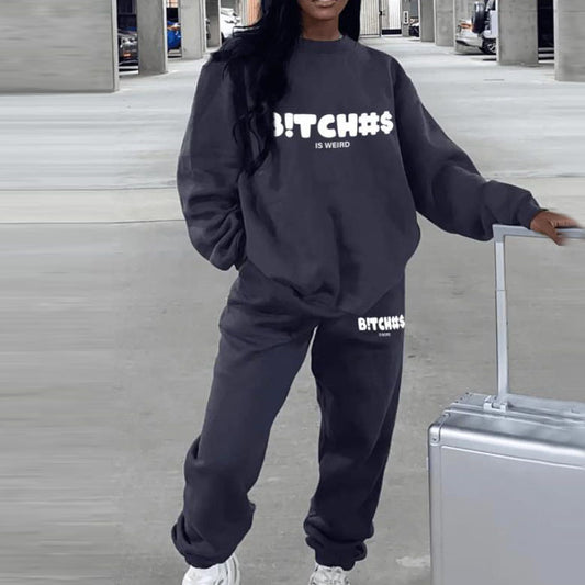 Conjunto deportivo informal holgado de dos piezas con top y pantalones de manga larga y cuello redondo estampado para mujer