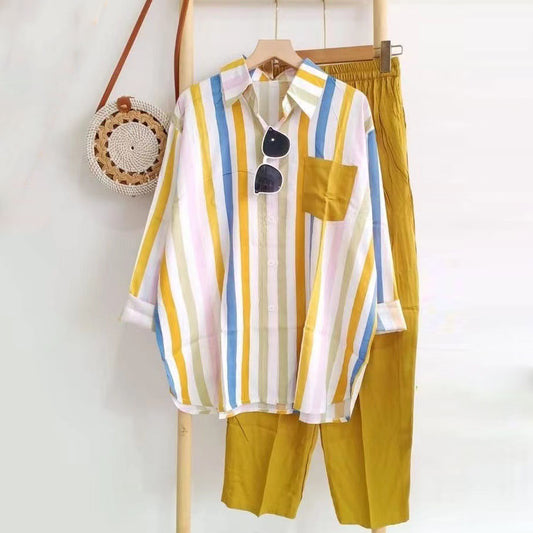 Conjunto de dos piezas de top y pantalón de manga larga informal a rayas para mujer