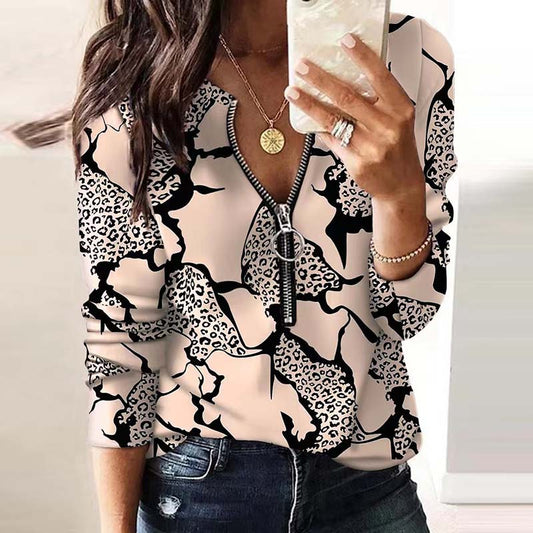 Blusa informal de manga larga con cremallera y estampado de letras para mujer