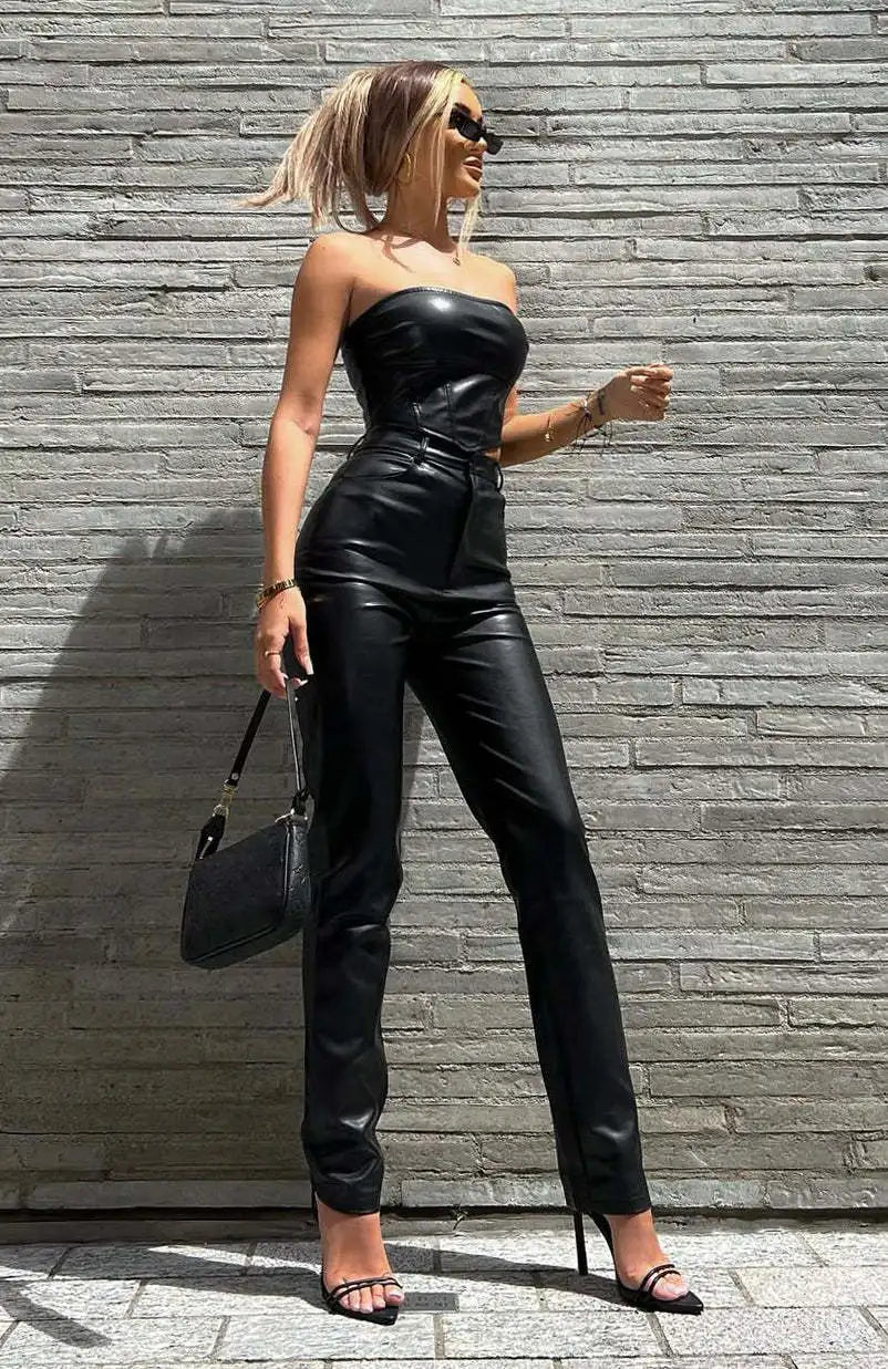2025 New Women's High Waist PU Imitation Leather Straight Leg Leather Pants Loose Fashion Casual Pants Brown/Black