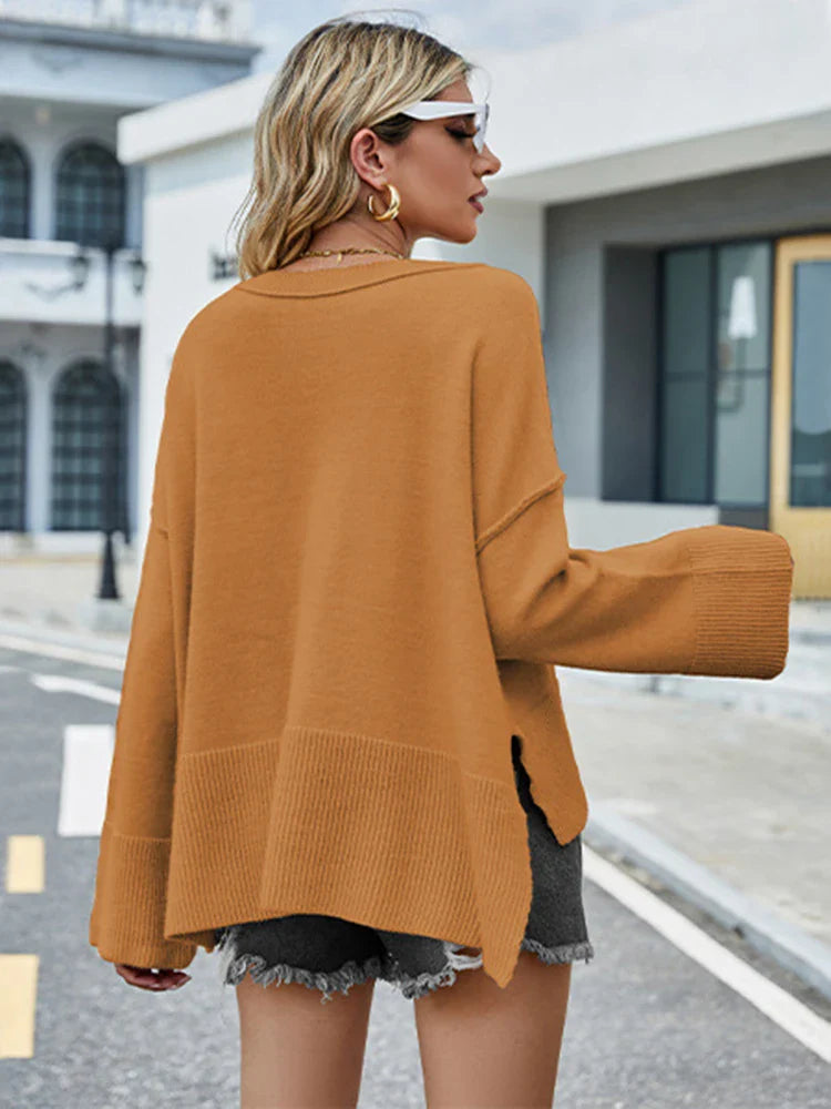 2025 Winter New Round Neck Women's Christmas Bell Sleeve Solid Color Casual Pullover Sweater