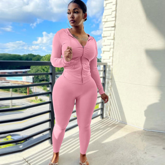 Conjunto deportivo informal para mujer, con capucha y pantalones ajustados, color liso, con cremallera