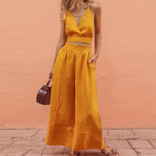 Conjunto de dos piezas formado por top corto y pantalón ancho de cintura alta y escote en V, color liso, para mujer, informal, de verano y vacaciones