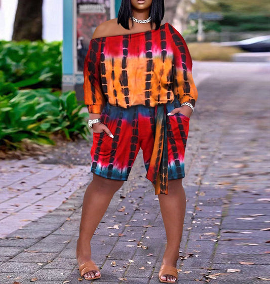 Women Simple Casual Graphic Printing One-Shoulder Double-Pocket Loose Long Sleeve Rompers