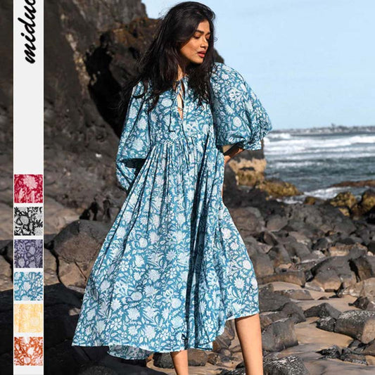 Summer Floral Print Women Loose Casual Mid-Sleeve Half Open Collar Loose Boho Dress