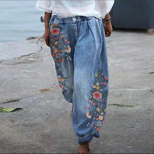 Women'S Fashion Vintage Casual Floral Embroidery Loose Jeans