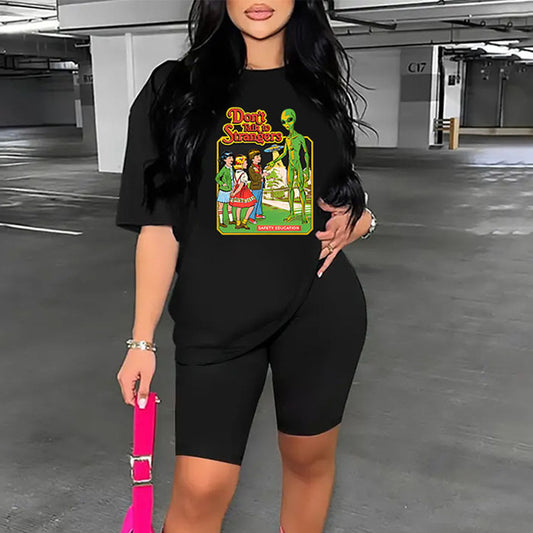 Conjunto deportivo de dos piezas para mujer, talla grande, informal, deportivo, con estampado gráfico, camiseta y pantalones cortos