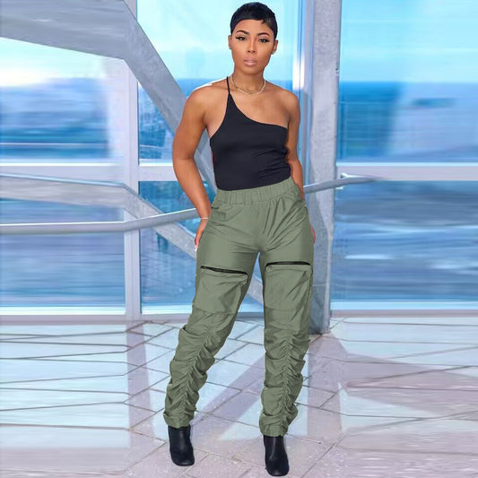 Women Fashion Street Casual Zipper Stereo Pocket Overalls Solid Pants