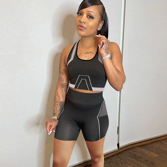 Conjunto deportivo de dos piezas para mujer, informal, deportivo, con estampado, camiseta corta y pantalones cortos ajustados