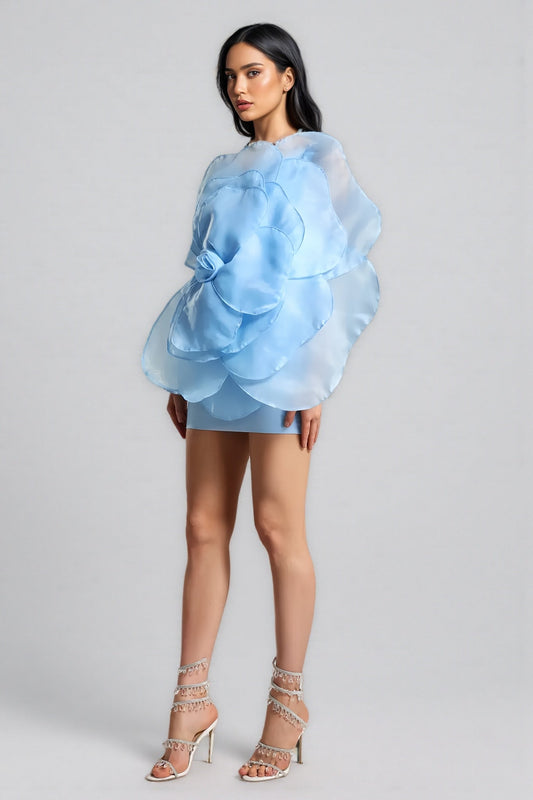 Marielle Mesh Flower One Shoulder Mini Dress-Blue