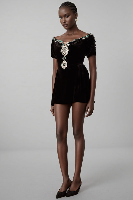 Ivy Black Velvet Embellished Mini Dress