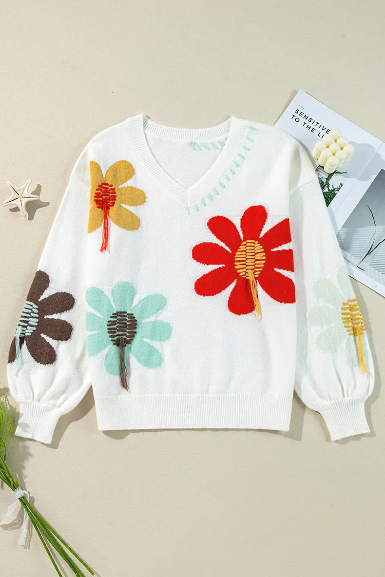 2025 Autumn New V-neck Casual All-match Floral Print Warm Knitted Sweater