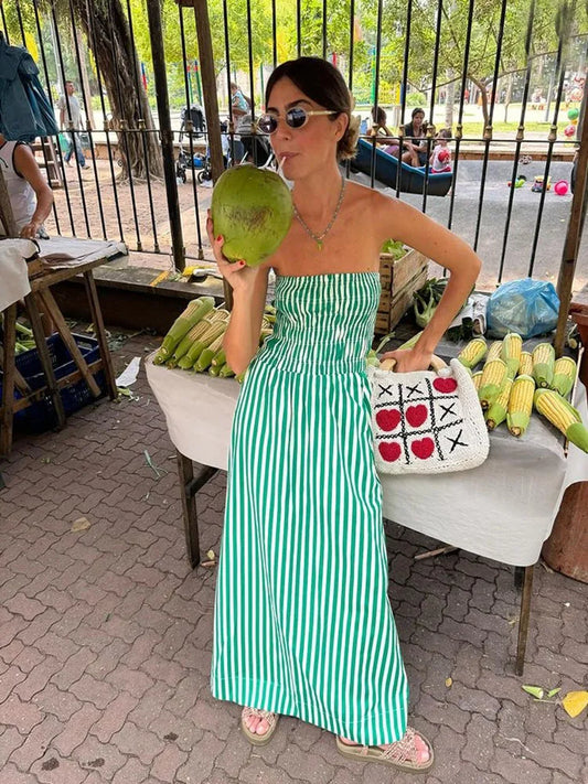 New Stripes Tube Long Beach Off Shoulder Backless Casual Fashion Bust Elastic Women's Boho Dress