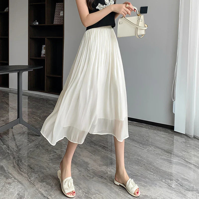 FashionSierra - 2025 New Spring Summer Women Tulle Solid Color Elastic High Waist Pleated Ladies Temperament Skirt
