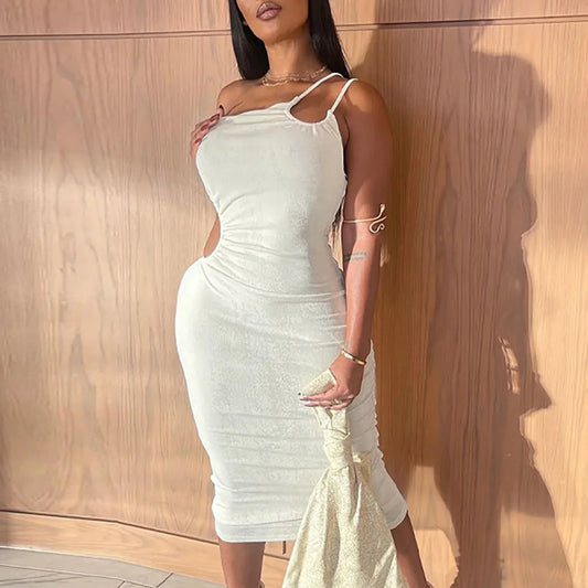 2025 New Summer Autumn Women White Black Strap Bodycon Sexy Streetwear Party Club Elegant Fashion Clothes Midi Dress