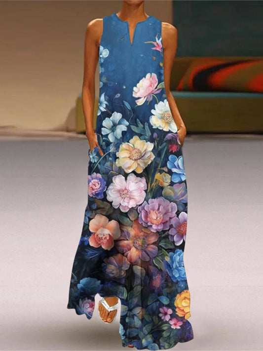 2025 Summer New Vintage Flower Printed Long Dresses Women Fashion V-neck Loose Sleeveless Dress Casual Commuting Vestidos Female